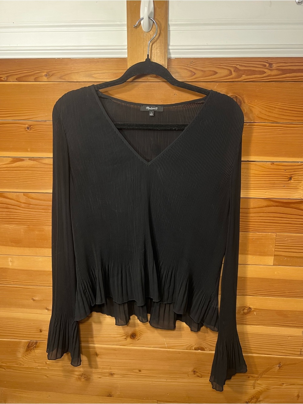 Madewell Pleated V-Neck Black Women's Top Goth Sleeve